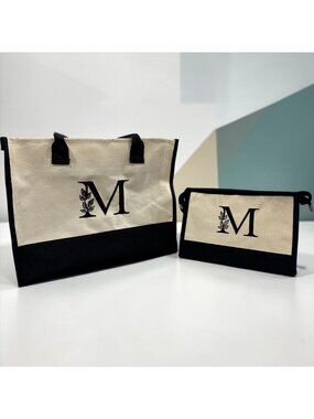 Canvas Tote Bag Set With Monogrammed Pouch Black & Cream Striped Bow Accent Zipp